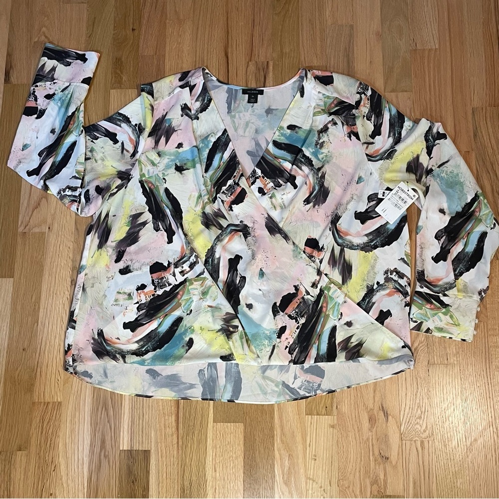 Nordstrom Halogen Cross Front Paint Brushstroke Print Wrap Blouse Women’s 2X Top